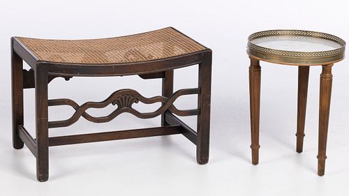 Caned Stool and French Marble Top Side Table
