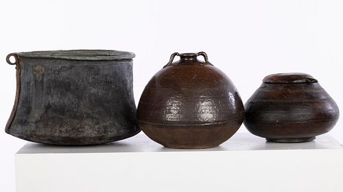 Large Ceramic Vase, Wooden Lidded Pot & Metal Pot