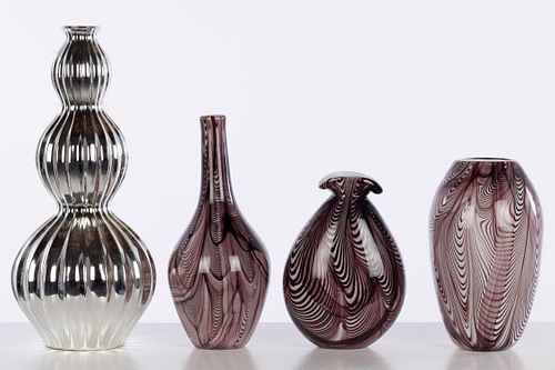 3 Tozai Purple Glass Vases & Fluted Silvered Vase 