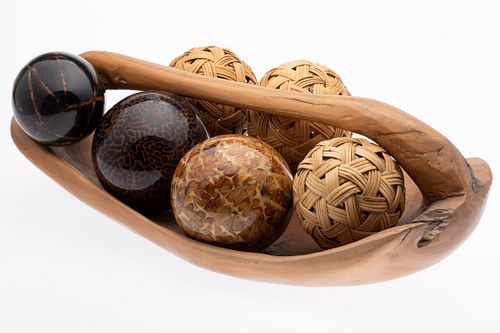 Wooden Handled Bowl w 6 Woven & Polished Wood Balls