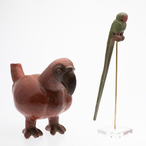 Carved Wood Parrot and Ceramic Mexican Parrot