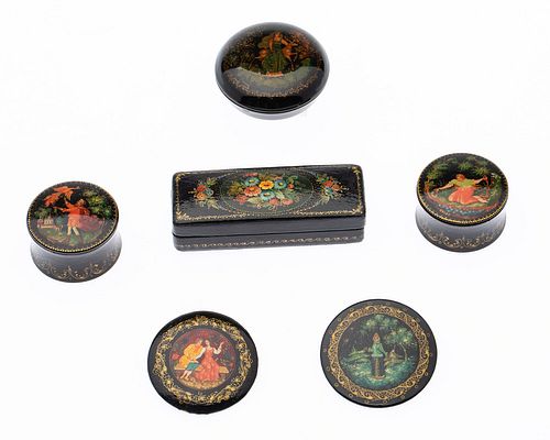 4 Small Russian Painted Boxes and 2 Pins