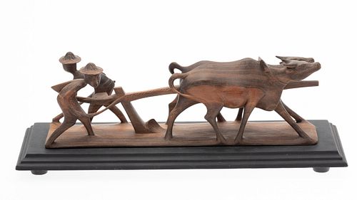 Carved Wood Sculpture of Ox and Figures, Philippines