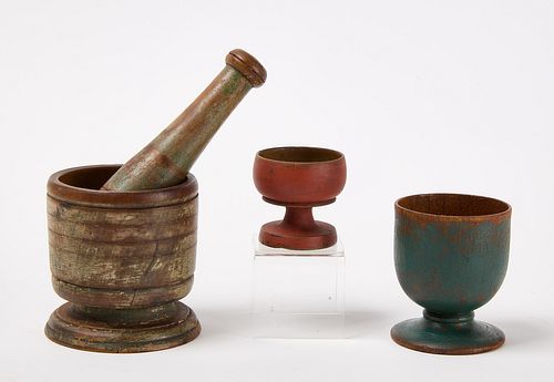 Two Treen Salts with Mortar and Pestle