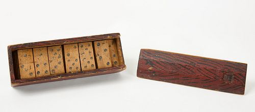 Paint-Decorated Slide Top Box with Wooden Dominos