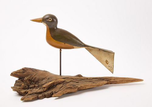 Folk Art Carved Robin with Tin Tail Directional