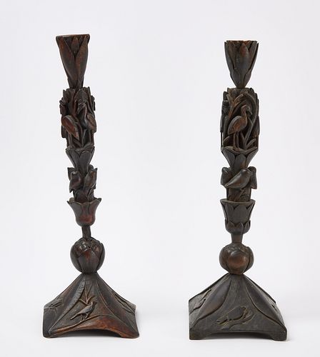 Pair of Folk Art Carved Candlesticks