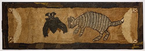 Hooked Rug with Cat and Bat