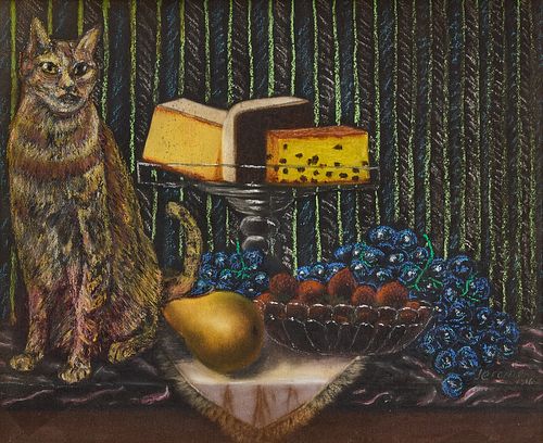 Pastel on Paper - Cat with Fruit and Cheese