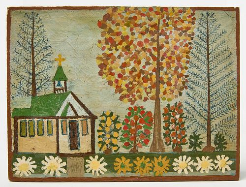 Primitive Painting - Church Trees and Flowers