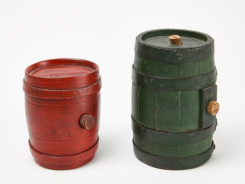 Two Painted Wood Barrel Kegs