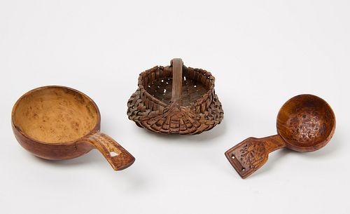 Two Burl Drinking Cups and Miniature Basket