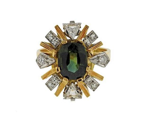 Mid Century 18k Gold Green 2.61ct Sapphire Diamond Ring