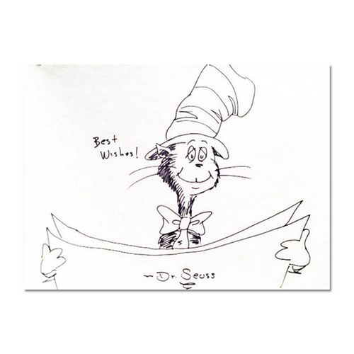 Dr. Seuss (1904-1991), "Cat in the Hat Reading" Hand Signed Original Drawing with Letter of Authenticity.