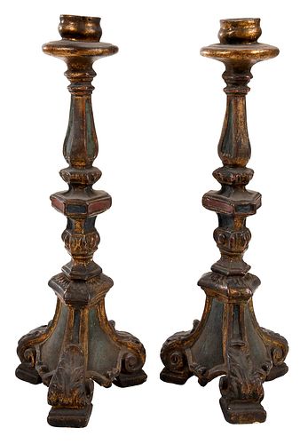 Pair of Carved Continental Baroque Style Candlesticks