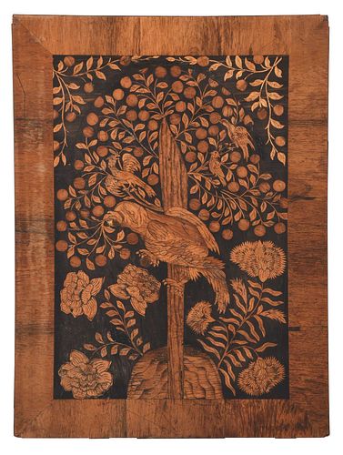 Arts and Crafts Marquetry Wood Panel with Parrot