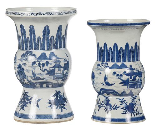 Near Pair of Chinese Porcelain Blue and White Gu Form Vases