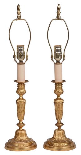 Pair of French Gilt Bronze Candlesticks Converted to Lamps