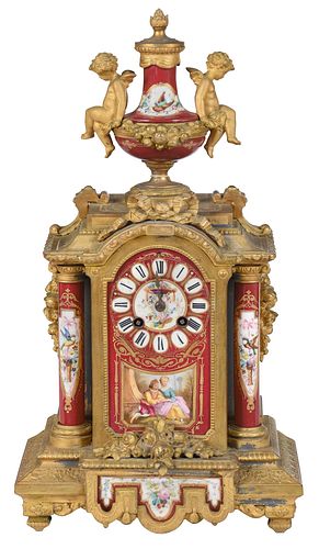 Louis XVI Style Gilt Bronze Porcelain Mounted Clock