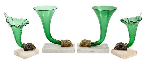 Two Pair of Green Glass Rhyton Vases