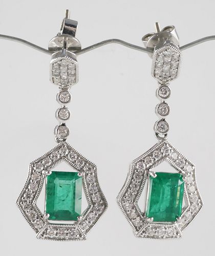 Pair Platinum Emerald & Diamond Dangle Earrings