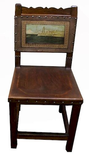 Antique Hand Painted/Leather Side Chair, Cuba