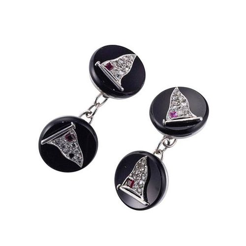 Art Deco Platinum Diamond Onyx Ruby Cufflinks