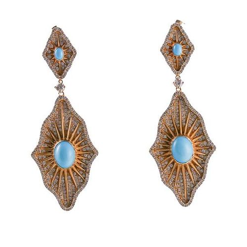 18k Gold Diamond Turquoise Dangle Drop Earrings