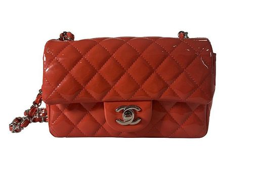 Chanel Coral Chevron Quilted Patent Leather Mini Flap Bag sold at