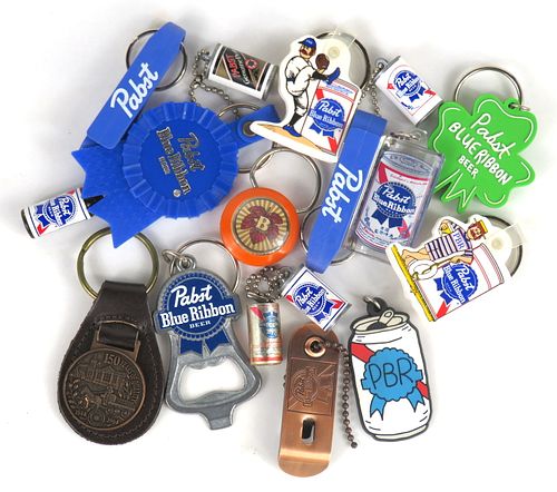 Lot of 17 1970s - 90s Pabst Blue Ribbon Keychains 