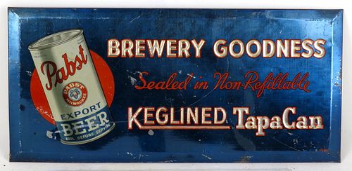 1938 Pabst Blue Ribbon Beer "Keglined TapaCan" TOC Tin Over Cardboard Sign 