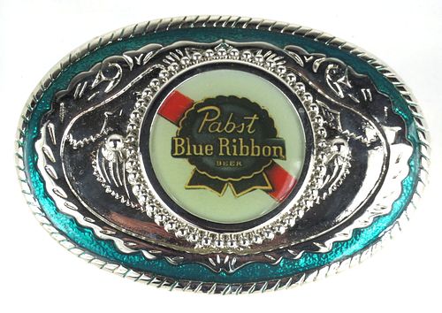 1975 Pabst Blue Ribbon Beer blue with inlay Belt Buckle 