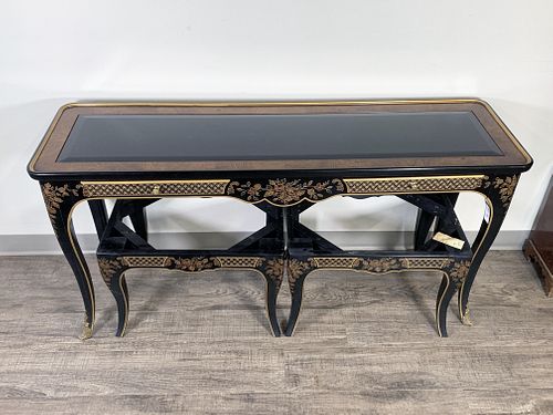 DREXEL ET CETERA CHINOISERIE CONSOLE TABLE WITH TWO OTTOMAN BENCHES