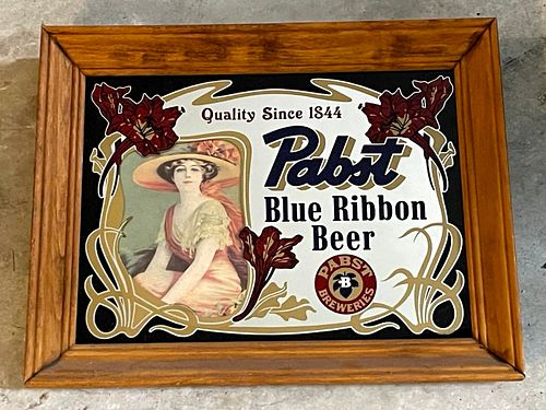 1990 Pabst Blue Ribbon Beer Victorian Woman at Left Bar Mirror 