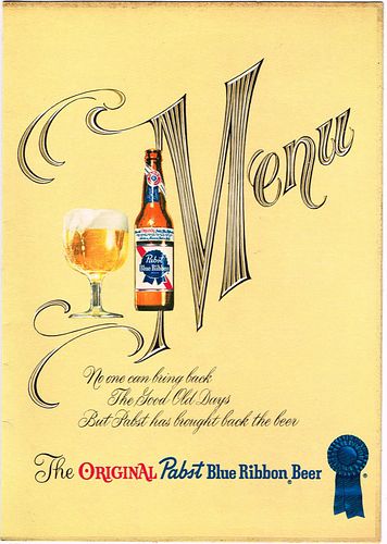 1960 Pabst Blue Ribbon Beer (blank) Menu Cover 