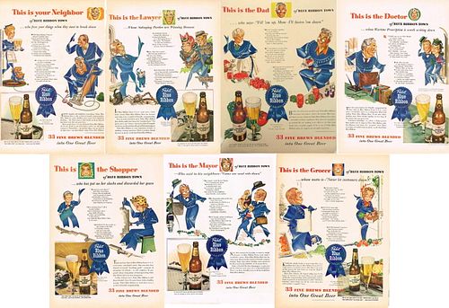  Lot of 7 1943 Pabst Beer "Blue Ribbon Town" Magazine Ads 