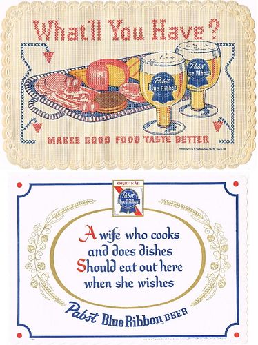 Lot of 2 1950s Pabst Blue Ribbon Beer Paper Placemats
