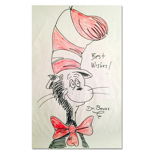 Dr. Seuss (1904-1991), "Cat in the Hat Best Wishes" Hand Signed Original Drawing with Letter of Authenticity.