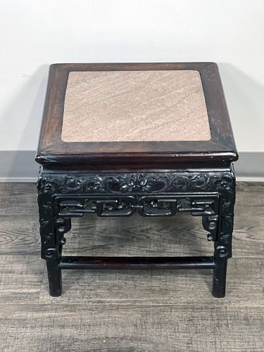 VINTAGE CHINESE CARVED WOOD & MARBLE TOP LOW TABLE
