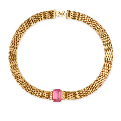 CHRISTIAN DIOR VINTAGE CHAIN MAIL NECKLACE in gold toned metal.Â Pink and white faux gemstone deta...