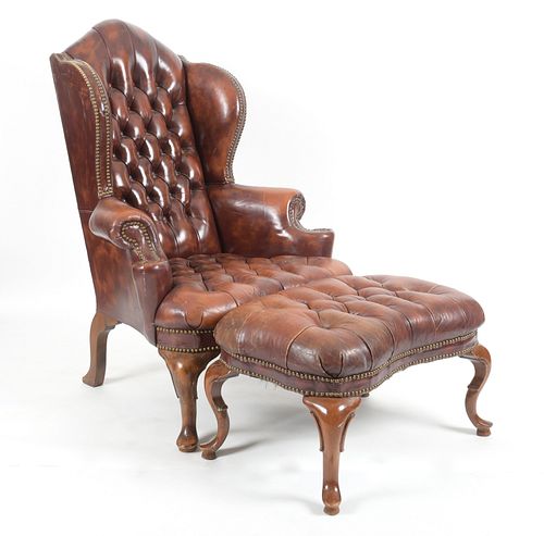 Studded Tufted Leather Wingback Armchair