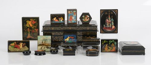 A Large Group of Russian Lacquered Boxes