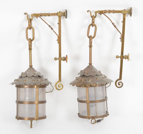Pair Aesthetic Brass and Etched Glass Lanterns
