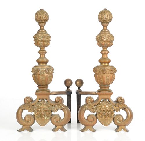 Pair Renaissance Style Brass and Iron Andirons