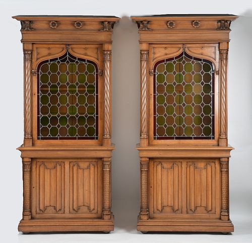 Pair of Gothic Revival Leaded Glass Bookcases