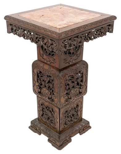 Chinese Marble-Mounted Carved Hardwood Pedestal