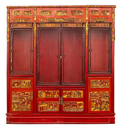 Chinese Parcel Gilt and Red Lacquered Bookcase