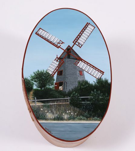 Harriet Mottes Finely Painted Cherry Shaker Box "The Old Mill, Nantucket"