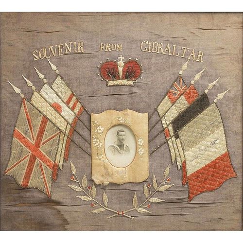 British Silk Embroidered Souvenir from Gibraltar of a Sailor