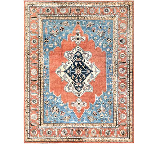 Soft Red Hand Knotted Wool Peshawar Oriental Carpet in a Serapi Design